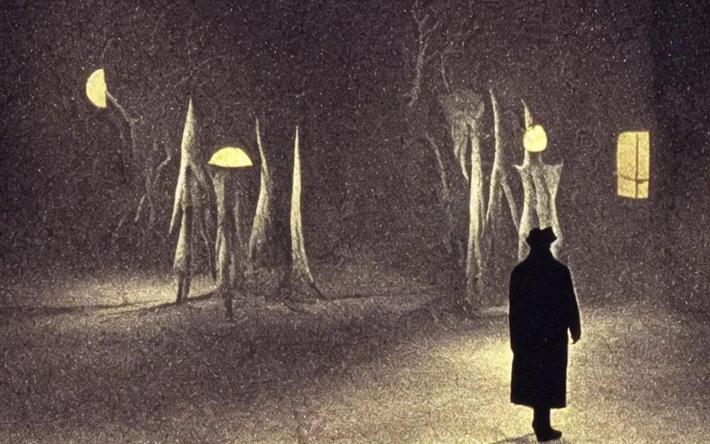 Image similar to high quality high definition colorized movie still from The Cabinet of Doctor Caligari: a lonely ghost walking alone at night in the woods, high quality silent movie, iridescent color palette