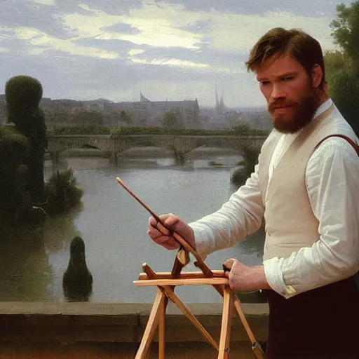 Image similar to mcgregor is dressed as a gentleman at early 2 0 th century paris. he is watching an easel. that easel has a canvas on it. ewan mcgregor has a brush on his hand. he is painting a painting. on background has river seine, morning sun, dark clouds, lightning, by william - adolphe bouguereau