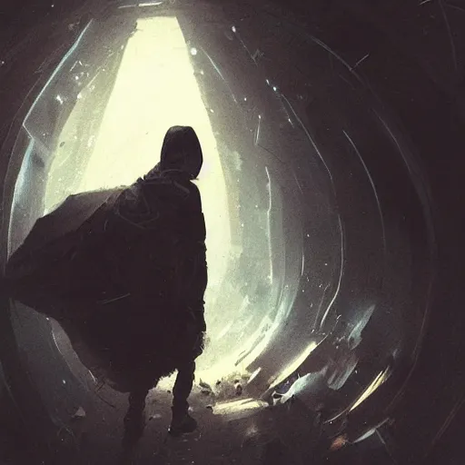 Prompt: a man in a black hoodie coming back home from a portal through the multiverse, vintage comic, greg rutkowski