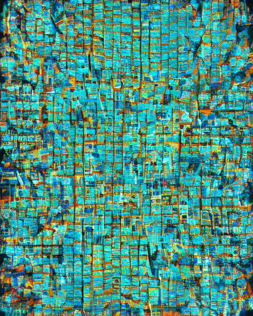 Image similar to a satellite view of a square city with geometric shapes by wacław sporski and ramon chirinos, glitches, ocher and turquoise colors