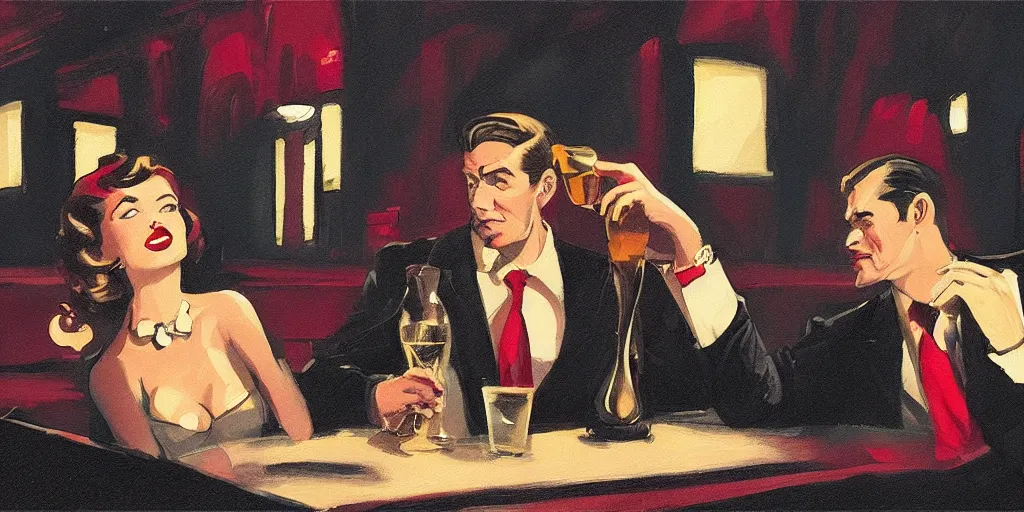 Image similar to a man wearing a tie is having a drink with a femme fatale at the bar of a 4 0 s jazz club, warm color palette, night time, dramatic lighting, noir film, character sheet, fine details, high contrast, blacksad, kim jung gi, greg rutkowski, trending on artstation, 8 k, front view, back view, ultra wide angle