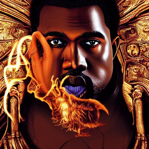 Image similar to Portrait of Kanye West as the god-emperor of mankind, amazing splashscreen artwork, splash art, natural light, elegant, intricate, fantasy, atmospheric lighting, cinematic, matte painting