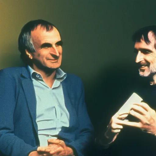 Image similar to photograph douglas adams discussing happier times with steve jobs on campus 1 9 8 8, healthy, douglas adams, in thomas ruff style, 3 5 mm ektachrome