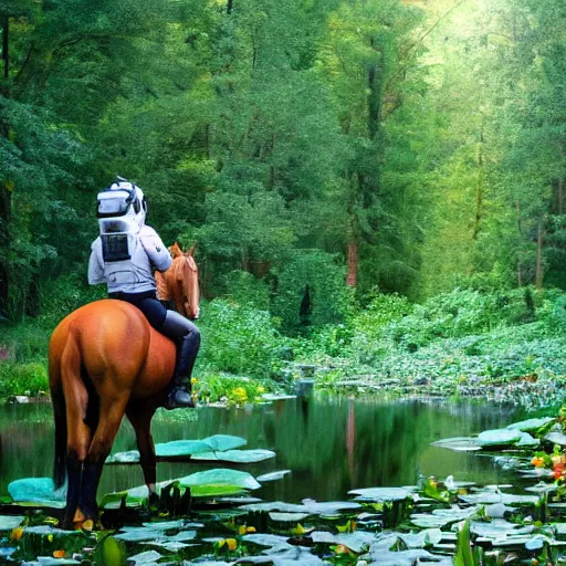 Prompt: a photo of an astronaut riding a horse in the forest. there is a river in front of them with water lilies