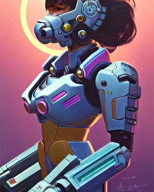 Image similar to d. va from overwatch, character portrait, portrait, close up, concept art, intricate details, highly detailed, vintage sci - fi poster, in the style of chris foss and rodger dean and moebius