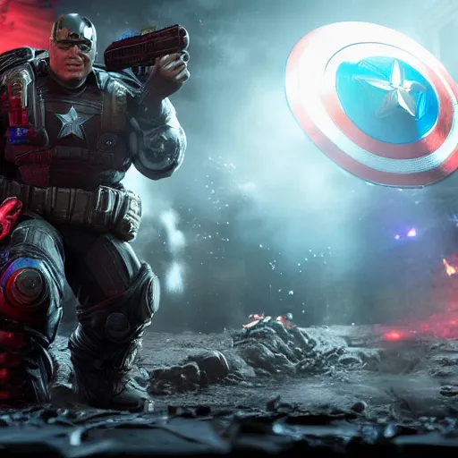 Image similar to Portrait! of President Donald Trump as ((captain america)) in Gears of War, splash art, movie still, cinematic lighting, dramatic, octane render, long lens, shallow depth of field, bokeh, anamorphic lens flare, 8k, hyper detailed, 35mm film grain