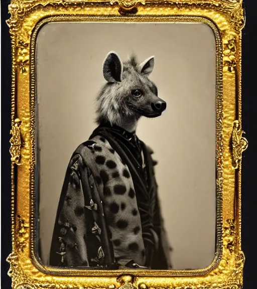 Image similar to professional studio photo portrait of anthro anthropomorphic spotted hyena head animal person fursona wearing elaborate pompous royal king robes clothes gold frame by Louis Daguerre daguerreotype tintype