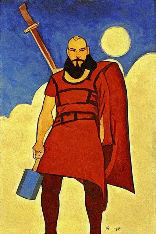 Image similar to thor with hammer, marvel, artwork by nicholas roerich,