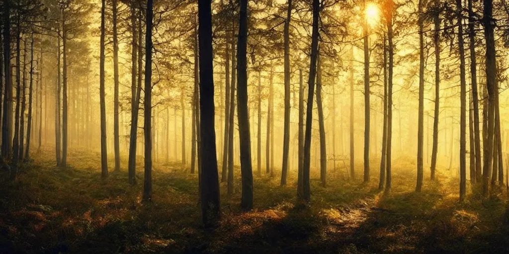 Image similar to swedish forest, photoreal, dawn, hazy, fog, golden hour, sunlight, beautiful!!!!!!!!!, cinematic, atmospheric