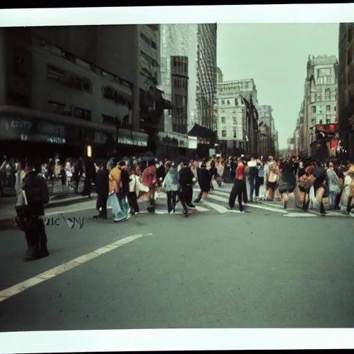 Image similar to wide - shot very low - angle, ant's eye view, messy photo of walking people in the busy street, crossing road, polaroid photo, by andy warhol