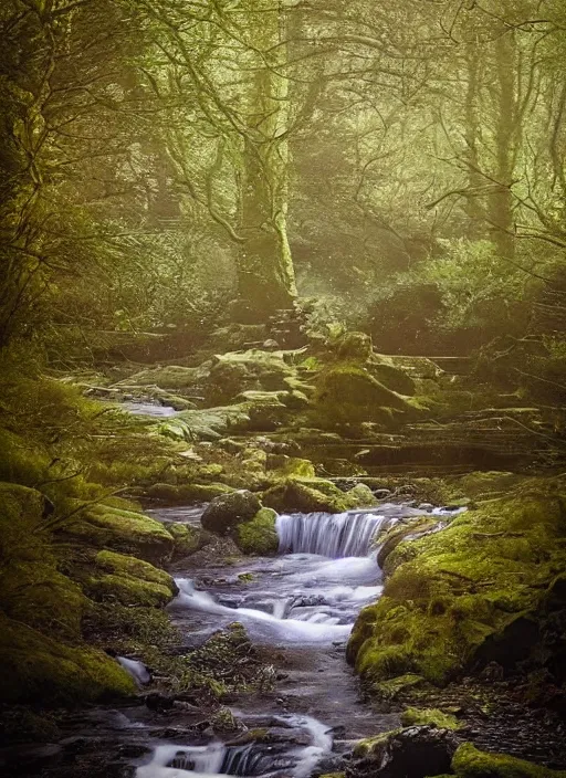 Image similar to there is a place in wales, tucked out of view magic happens, only seen by a few. for just one day, for only just one hour. the last summer's day break at gelli aur. there you must follow a winding trout stream. search all the oaks with a tiny light beam, inspired by jessica rossier and charlie bowater