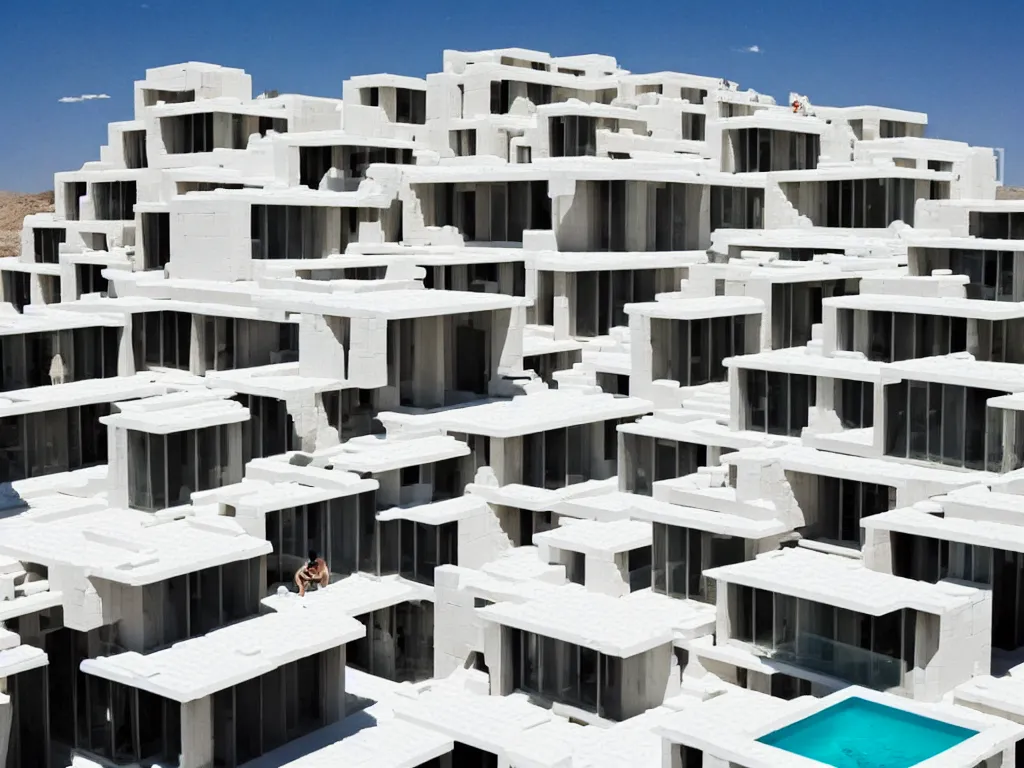 Image similar to habitat 6 7, white lego terraced architecture hotel in the dessert, many plants and infinite pool