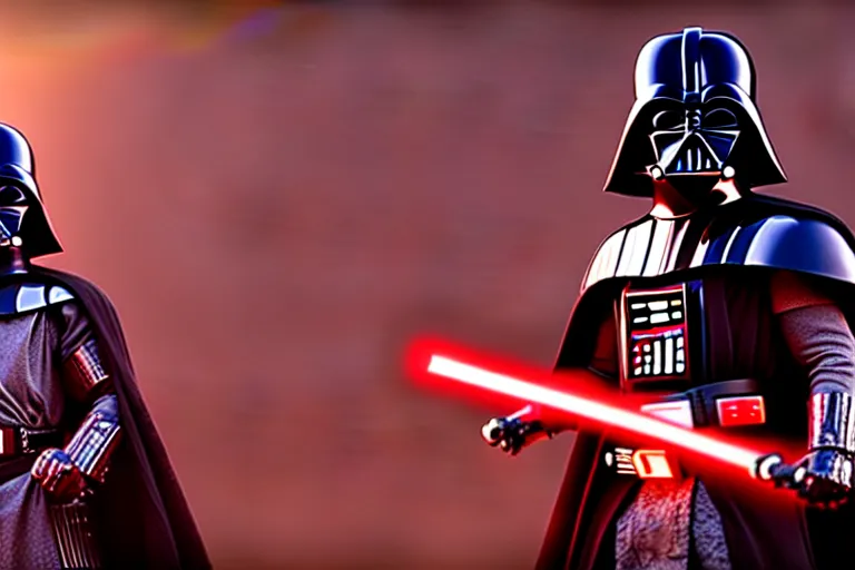 Image similar to darth vader as a battle - hardened samurai demon warlord with sinister kabuto and terrifying men - yoroi mask, with armor intricately engraved with glowing red ancient rune symbols, and adorned with demon skulls, by ayami kojima, unreal engine 5, octane render, 3 d