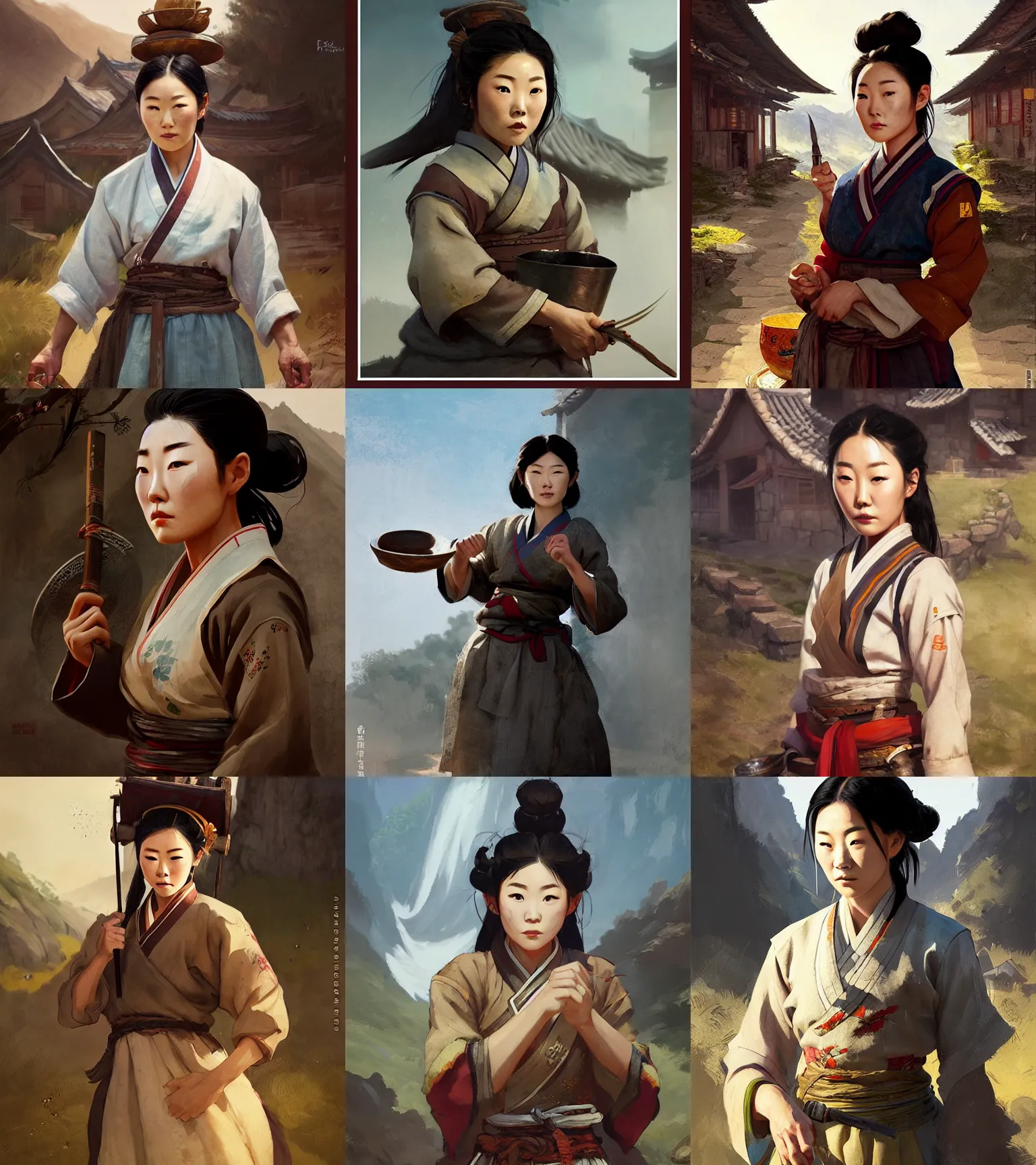 Prompt: a portrait of arden cho chef character in a korean village by marco bucci and greg rutkowski and frank frazetta, sharp focus, detailed, cinematic, hanbok, ornate korean polearm behind her