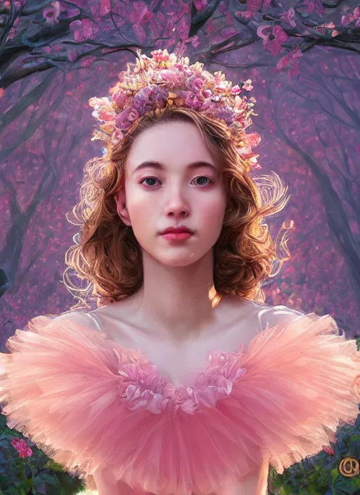 Image similar to stunningly beautiful face, prima ballerina in rose garden, symmetrical face, tutu, golden hour, smooth, focus, highly detailed, hyper realistic, ray tracing, dramatic lighting, elegant, intricate, concept art, art by wlop, mars ravelo, greg rutowski, artstation