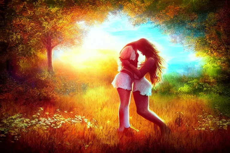 Image similar to girl kiss, fantasy, pen painting, ultra realistic!!!, hdr, clear weather, golden hour, sharp focus