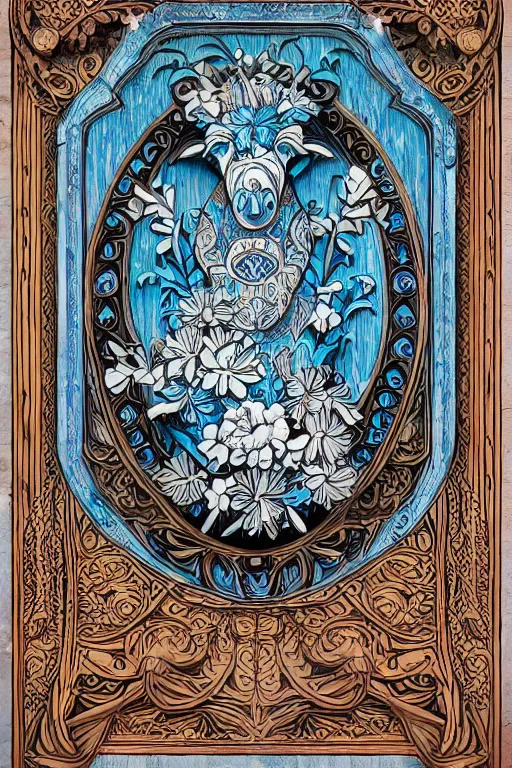 Image similar to Painted dark-wood panel relief carving of a Flowerpunk Piglet, White and pale blue toned, ornate border frame, explosion of colorful flowers, dark wood, intricately carved, black ink, festival of rich colors, intricate details, cinematic lighting, volumetric lighting, post-processing, art nouveau, tarot, fractal art, mandala, by andreas rocha and john howe, and Martin Johnson Heade, featured on artstation, featured on behance, golden ratio, hyper detailed, photorealistic, epic composition, center spotlight, f32, well composed, symmetrical, UE5, 8k