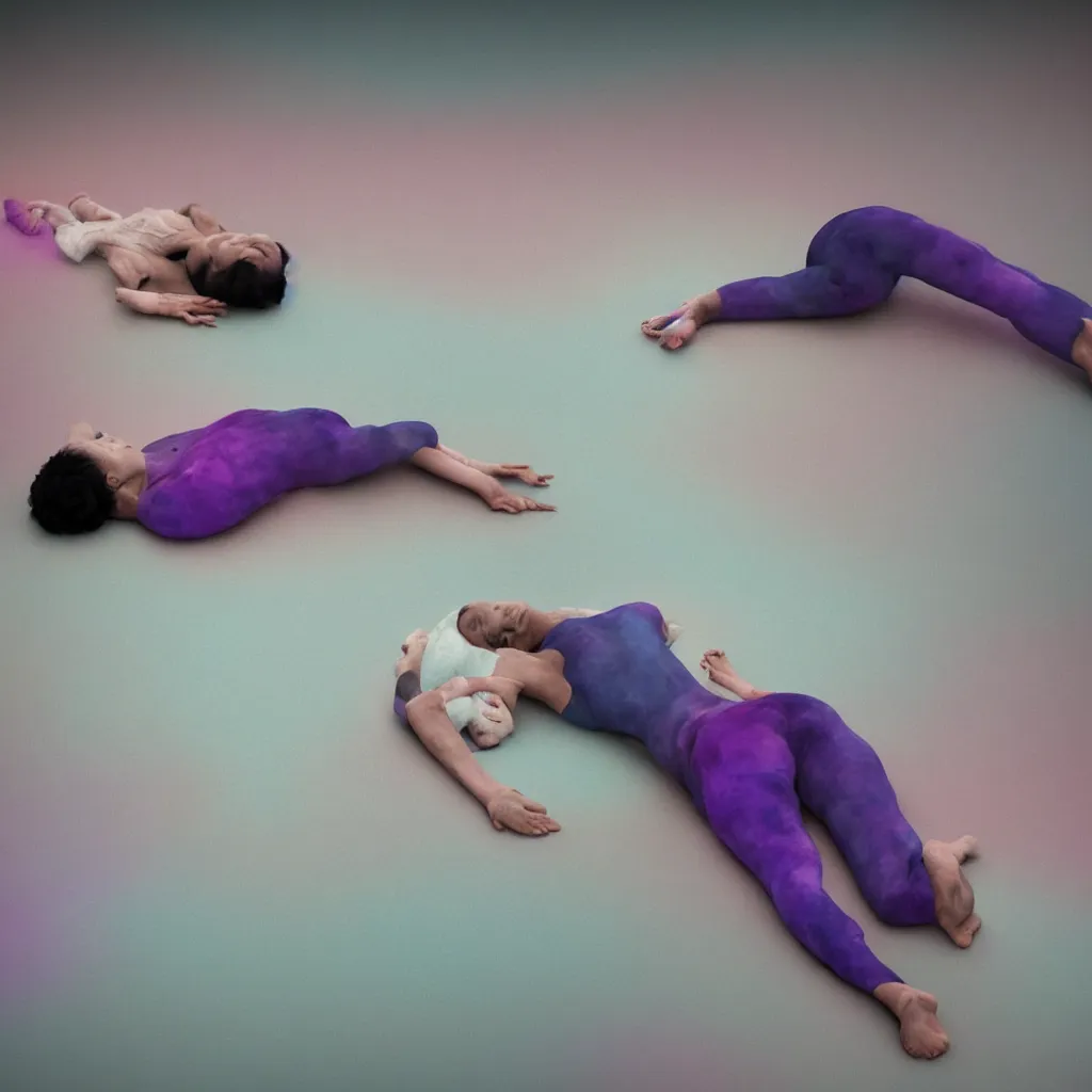 Prompt: cinestill of iridiscent oil with corpses connected by ethernet cables to wax technical forms to a buried baby relaxing on yoga mat, faded, iridiscent gradient, purple fog, depth of field, blur, very detailed, by nadav kander and hans bellmer, 8 k, ultrarealistic, sad atmosphere, cinematic, 8 5 mm lens