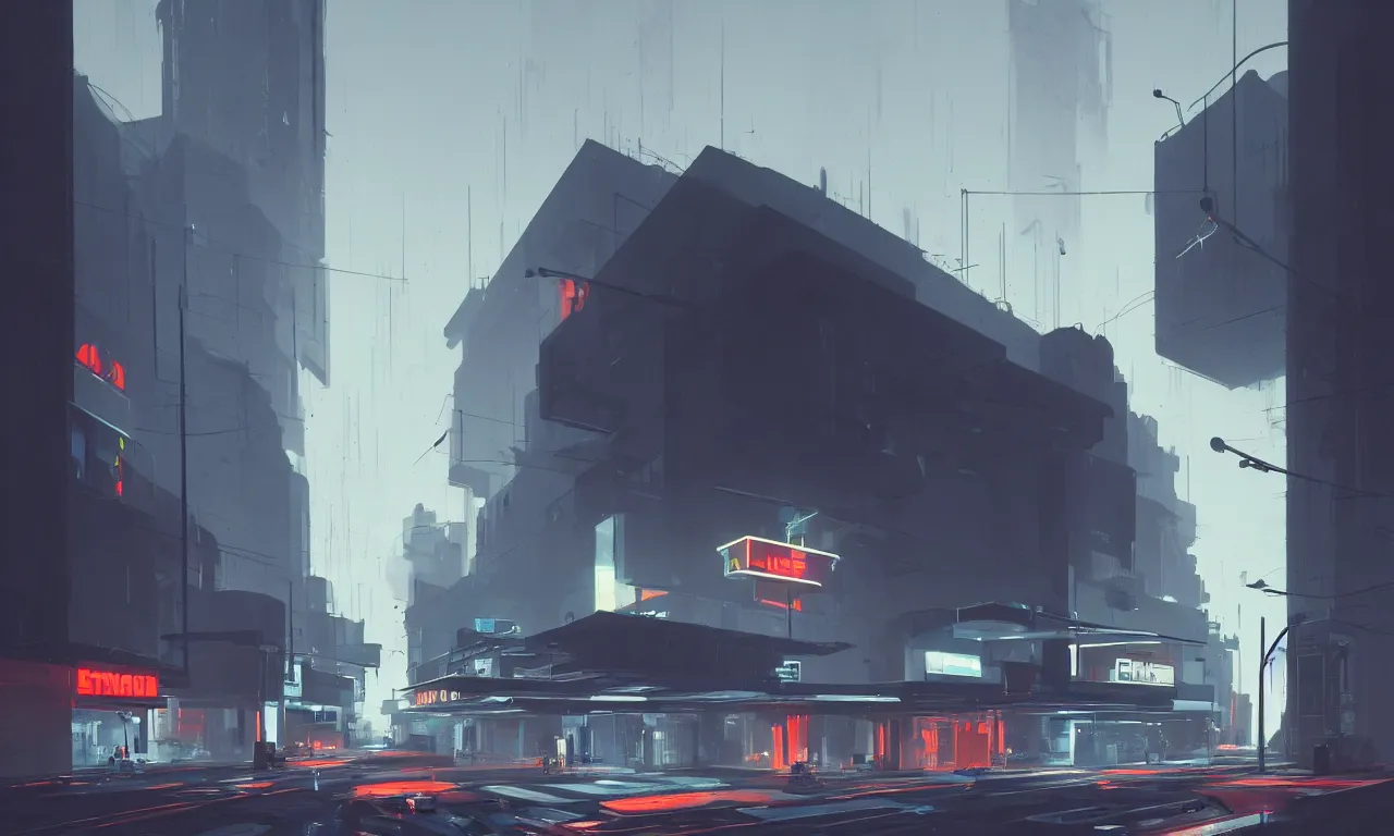 Image similar to streetscape, simple brutalist architecture, white neon lights, neon signs, flying vehicles, pedestrians, greg rutkowski, syd mead, ralph mcquarrie, concept art, matte painting, finely detailed, minimal artifacts, rule of thirds, dynamic lighting, cinematic, denoised, centered, artstation