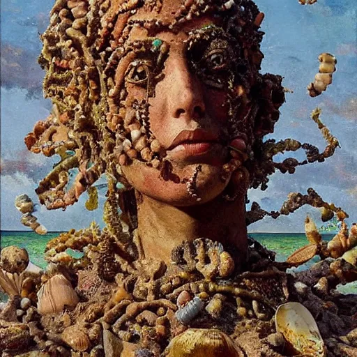 Image similar to a sculpture portrait made of shells and coral and sand and seaweed, painting part by wojciech siudmak, part by ilya repin, part by max ernst, part by norman rockwell, artstation