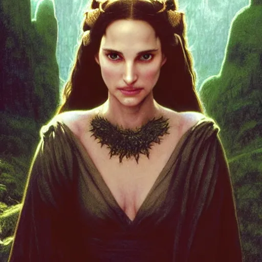 Image similar to head and shoulders portrait 3 5 mm photo from “ lord of the rings ” of natalie portman as a female elf sorceress, by kuvshinov ilya, wayne barlowe, gustav klimt, artgerm, and william - adolphe bouguereau