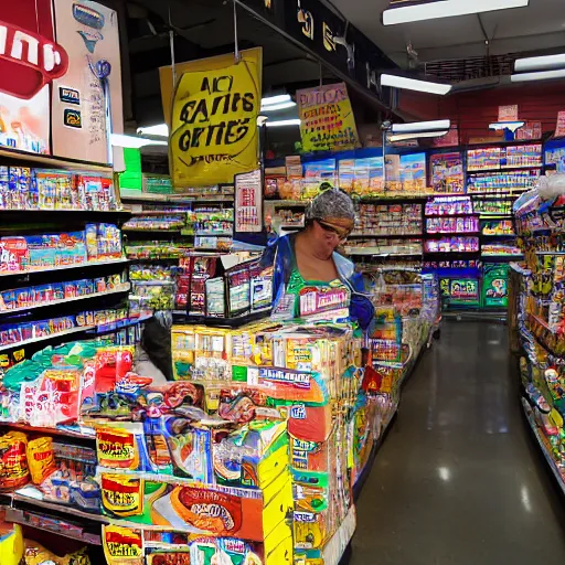 Prompt: crowded bodega filled with groceries, produce, cans, soda, lottery tickets, people and cigarettes with Hispanic customers and workers.