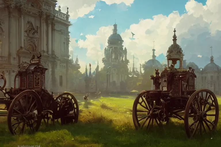 Image similar to a mobile driving ornate baroque church mounted on chainwheels, scene in an open field. key visual, conceptart, ambient lighting, highly detailed, digital painting, artstation, concept art, sharp focus, by makoto shinkai and akihiko yoshida and greg manchess