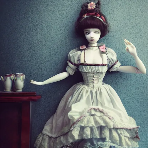 Image similar to A beautiful atmospheric photo of a beautiful Bjd doll girl, wearing cute victorian costume, fantasy tea cup, intricate details, sharp focus, symmetrical composition, octane render, 8k, volumetric lighting