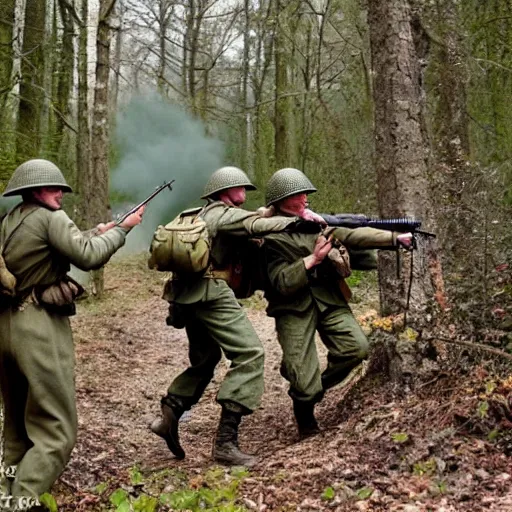 Image similar to ww 2 battlefield encounter in the woods between 2 american soldiers and a german soldier fighting for their lives