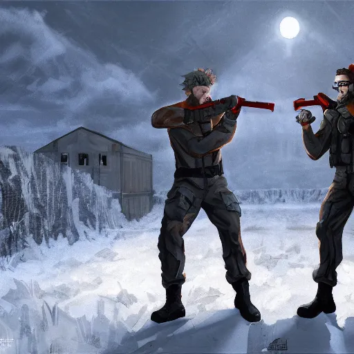 Image similar to Solid Snake and Gordon Freeman fight on an abandoned military base, winter, very detailed, hyper realism, epic, close-up fight, digital art, concept art, illustration, artstation, cgi, 4k