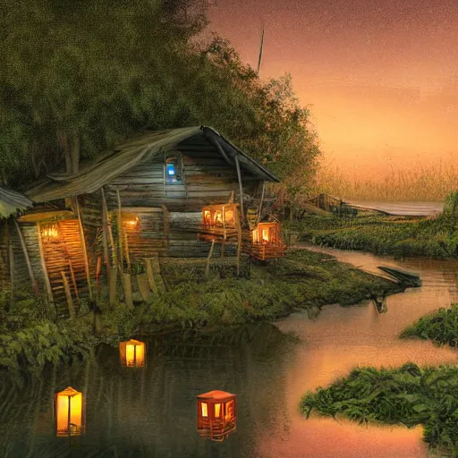 Prompt: a wooden makeshift fishing village inhabited by otters, built in a mossy overgrown bayou, evening lit by lanterns and fireflies, digital art