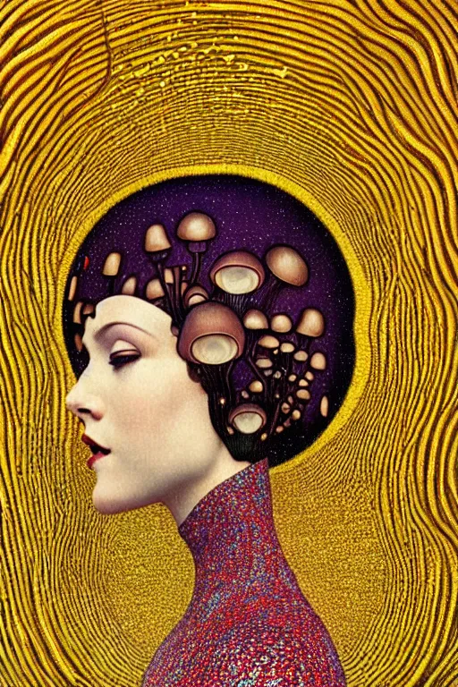 Image similar to art deco close up portait of mushroom head with big mouth surrounded by spheres, rain like a dream digital painting curvalinear clothing cinematic dramatic fluid lines otherworldly vaporwave interesting details epic composition by artgerm moebius francis bacon gustav klimt