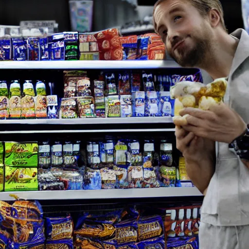 Image similar to !dream ryan gosling at a grocery store counter, holding milky way!! candy bars, hidden camera photo, photograph, hyperrealistic, 8k resolution