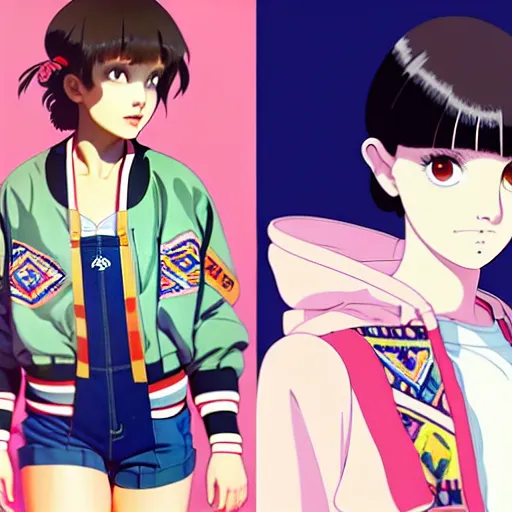 Image similar to a beautiful boyish natalie portman gravure model, wearing oversized mayan bomber jacket and leotard with overalls, bulky poofy bomber jacket with mesoamerican patterns, mesoamerican street fashion, gapmoe yandere grimdark, trending on pixiv fanbox, painted by greg rutkowski makoto shinkai takashi takeuchi studio ghibli, akihiko yoshida