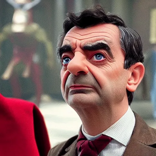 Prompt: film still of Mr Bean as Thor in Avengers Endgame