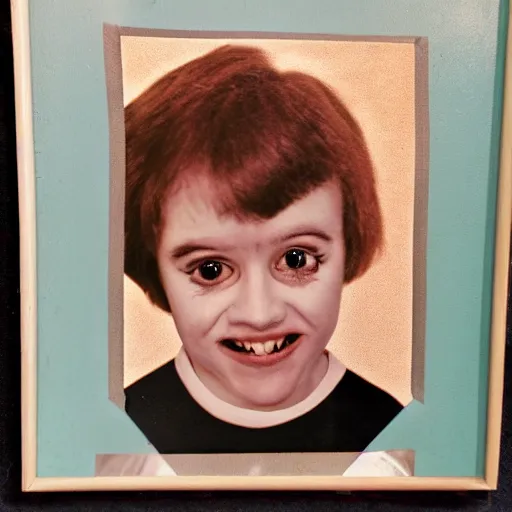 Image similar to creepy 70s style school portrait, googly eyes, teeth, dusty photo from the 70s