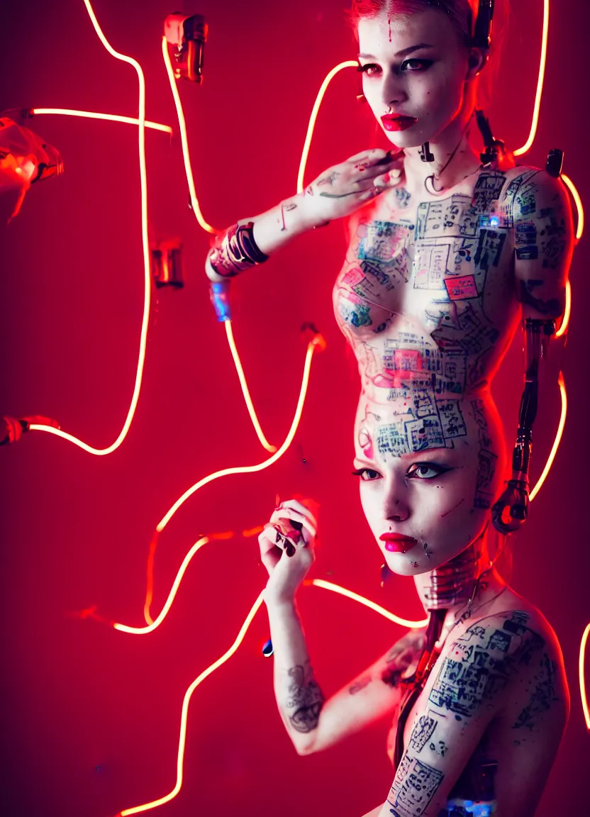 Image similar to woman, android, cyberpunk, artificial limbs, tattoos, neon light, hard light, glamour, vogue photoshoot, fashion, long dress, red dress, raindrops, rain, wet, make - up, leaky make - up, red lipstick