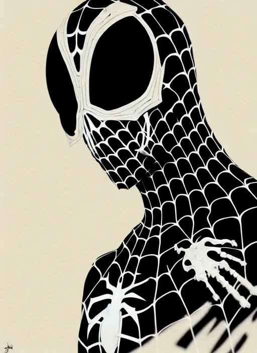 Image similar to highly detailed closeup portrait of a cyborg venom symbiote in spiderman suit with skeleton skull face,, black parka by atey ghailan, by greg rutkowski, by greg tocchini, by james gilleard, by joe fenton, by kaethe butcher, gradient, yellow, black, brown and white color scheme, grunge aesthetic!!! white graffiti tag wall background