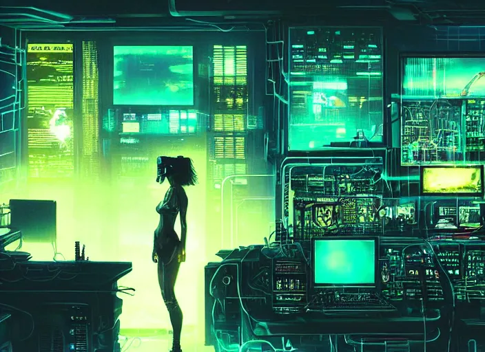 Image similar to a dimly lit room with a cyberpunk girl sat in the middle. a wall of televisions and computer screens. eerie yellow glow. oscilloscope. cyberpunk vibes. sci - fi. zack snyder. tooth wu and wlop and beeple and greg rutkowski and peter gric and victo ngai.