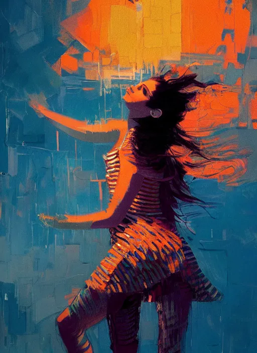 Prompt: portrait of beautiful girl, dancing, ecstatic, ibiza night club, sunset, shades of orange and blue, beautiful face, rule of thirds, intricate outfit, spotlight, by greg rutkowski, by jeremy mann, by francoise nielly, by van gogh, digital painting