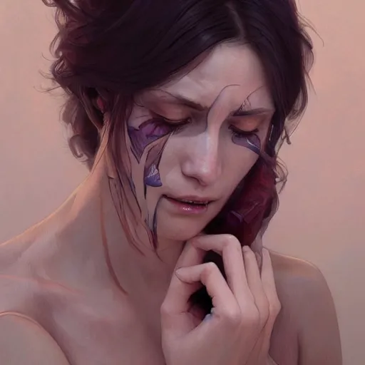 Image similar to a beautiful crying woman showing pain and remorse, highly detailed, digital painting, artstation, concept art, smooth, sharp, focus, illustration, art by artgerm and greg rutkowski and alphonse mucha