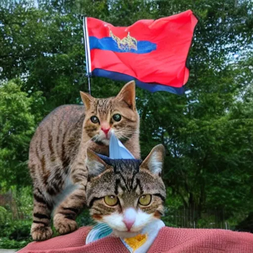 Image similar to a small cat warrior with his national flag riding a large cat steed