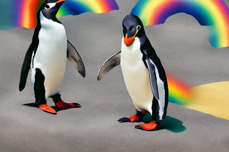 Image similar to a cinematic photo of a penguin, rainbow, lemonade, masterpiece