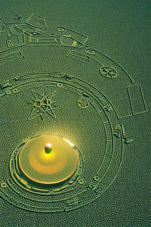 Image similar to isometric view of a shiny metallic glowing UFO hovering over a crop circle of intricate geometric pattern in flattened wheat, Cryengine, hyperrealistic, Artstation