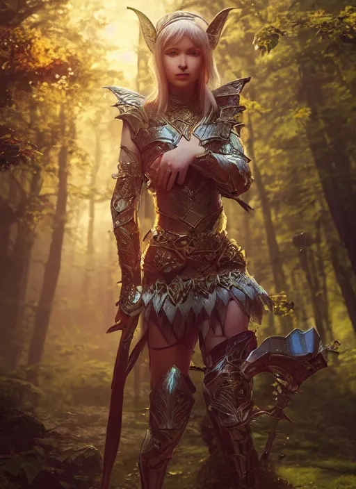 Image similar to Beautiful art portrait of a female fantasy elf noble in plate armour in a bright temple surrounded by lush forest, atmospheric lighting, intricate detail, cgsociety, hyperrealistic, octane render, RPG portrait, ambient light, dynamic lighting