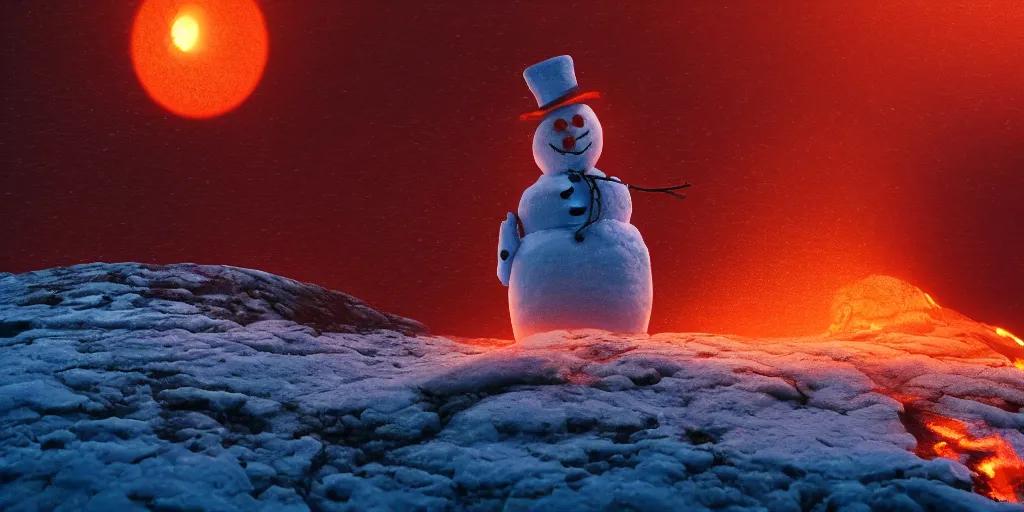 Image similar to a snowman melting on top of the sun and turning into water. the ground is made of fire and lava and is glowing orange. cinematic, dramatic, epic, volumetric lighting, atmospheric, red, orange extremely coherent, 8 k, space, warm, blade runner 2 0 4 9