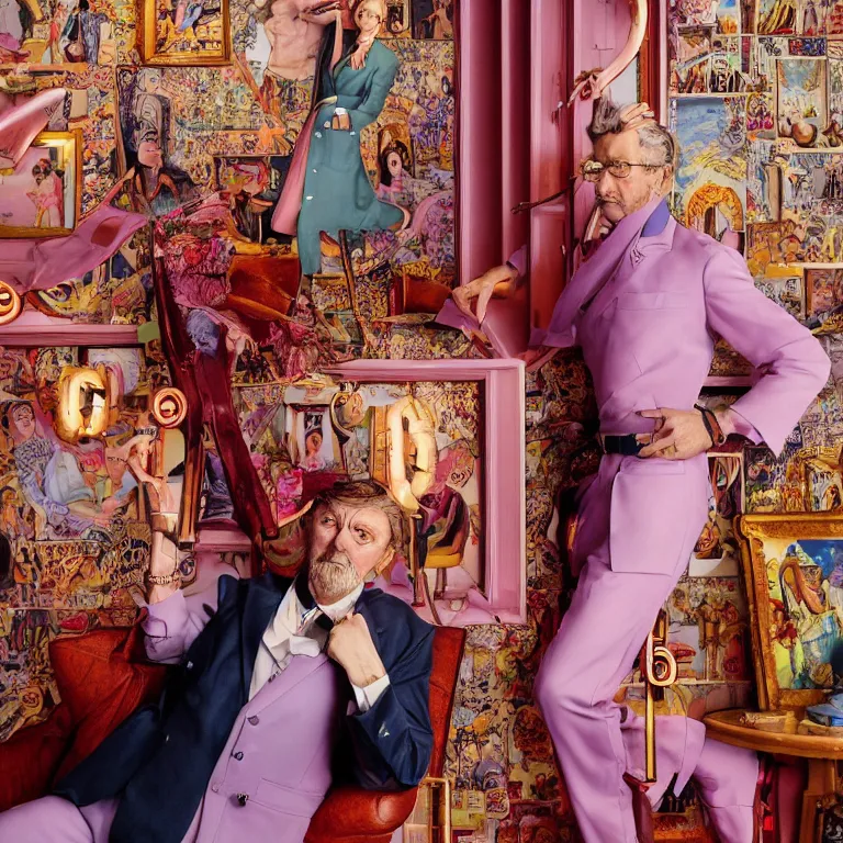 Prompt: vogue photoshoot octane render portrait by wayne barlow and carlo crivelli and glenn fabry, a handsome eccentric man in a bright colorful pastel wes anderson uniform inside a high - end exotic vintage boutique hotel bar, very short depth of field, bokeh