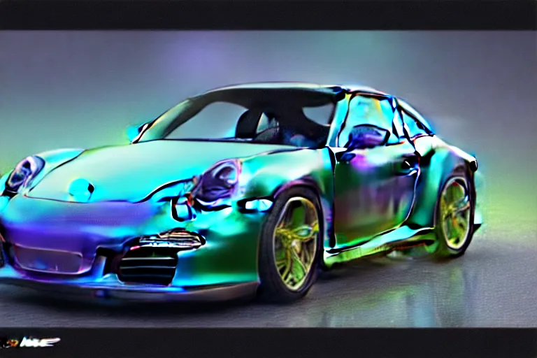 Image similar to iridescent Porsche 911, macro photography, by Thomas Kincade, Richard Sigamani, 8k photorealistic, HD, high details, concept art, trending on artstation