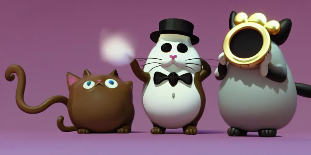 Image similar to a wholesome animation key shot of a cute cat with a monocle and top hat studio ghibli pixar and disney animation sharp render