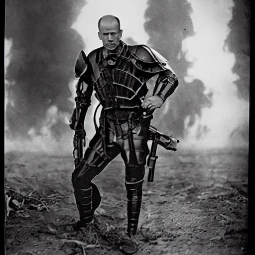 Image similar to old black and white photo, 1 9 1 3, depicting bruce willis in combat armor with guns, historical record, tentacles around